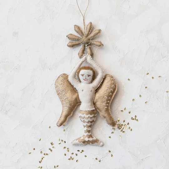 Hello Honey® 9.5" Cream & Gold Handmade Canvas & Wool Felt Angel Ornament With Embroidery 6 Hello Honey® 9.5" Cream & Gold Handmade Canvas & Wool Felt Angel Ornament With Embroidery - Image 4