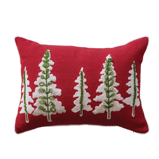 Hello Honey® 20" X 14" Red, Natural & Green Cotton Slub Lumbar Pillow With Embroidered Trees & Pom Pom Trim 4 Hello Honey® 20" X 14" Red, Natural & Green Cotton Slub Lumbar Pillow With Embroidered Trees & Pom Pom Trim - Image 2