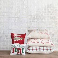 Hello Honey® 20" X 14" Red, Natural & Green Cotton Slub Lumbar Pillow With Embroidered Trees & Pom Pom Trim 9 Hello Honey® 20" X 14" Red, Natural & Green Cotton Slub Lumbar Pillow With Embroidered Trees & Pom Pom Trim -Northlight Shop D821234S 2