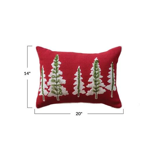 Hello Honey® 20" X 14" Red, Natural & Green Cotton Slub Lumbar Pillow With Embroidered Trees & Pom Pom Trim 7 Hello Honey® 20" X 14" Red, Natural & Green Cotton Slub Lumbar Pillow With Embroidered Trees & Pom Pom Trim - Image 5