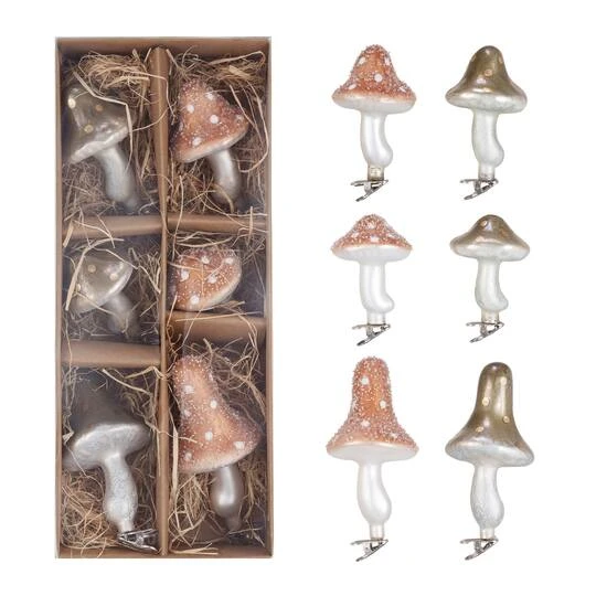 Hello Honey® Multicolor Glass Mushroom With Glitter Clip-On Ornaments Set 3 Hello Honey® Multicolor Glass Mushroom With Glitter Clip-On Ornaments Set