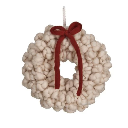 Hello Honey® 11.75" Cream Round Wool Wreath With Red Bow 3 Hello Honey® 11.75" Cream Round Wool Wreath With Red Bow