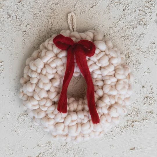 Hello Honey® 11.75" Cream Round Wool Wreath With Red Bow 5 Hello Honey® 11.75" Cream Round Wool Wreath With Red Bow - Image 3