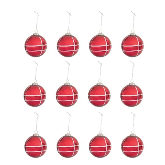 Hello Honey® 12 Pack 4" Red & Silver Grid Mercury Glass Ball Ornaments 4 Hello Honey® 12 Pack 4" Red & Silver Grid Mercury Glass Ball Ornaments - Image 2