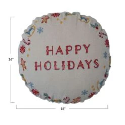Hello Honey® 16" Happy Holidays Embroidery Round Cotton Slub Pillow -Northlight Shop D823228S 4