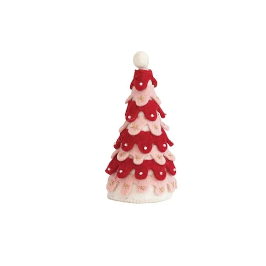 Hello Honey® 9" Red, Pink & White Handmade Wool Felt Tree With Pom Pom Topper 4 Hello Honey® 9" Red, Pink & White Handmade Wool Felt Tree With Pom Pom Topper - Image 2