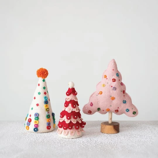 Hello Honey® 9" Red, Pink & White Handmade Wool Felt Tree With Pom Pom Topper 5 Hello Honey® 9" Red, Pink & White Handmade Wool Felt Tree With Pom Pom Topper - Image 3