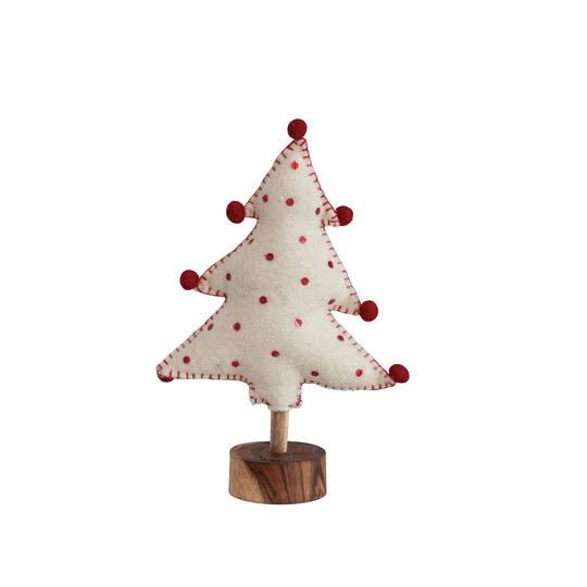 Hello Honey® 10" White & Red Handmade Wool Felt Tree With Sequins, Pom Poms & Wood Base 4 Hello Honey® 10" White & Red Handmade Wool Felt Tree With Sequins, Pom Poms & Wood Base - Image 2