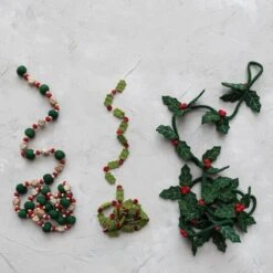 Hello Honey® 6ft. Green & Red Handmade Wool Felt Gold Embroidered Holly Leaves & Berries Wired Garland -Northlight Shop D823523S 4