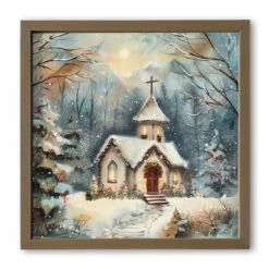 Snowy Holiday Church 16" X 16" Brown Framed Print
