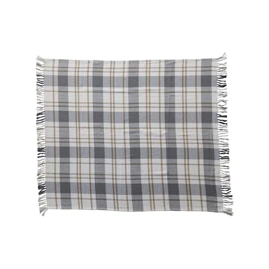 Hello Honey® Gray, Gold & White Plaid Brushed Cotton Flannel Throw With Fringe 3 Hello Honey® Gray, Gold & White Plaid Brushed Cotton Flannel Throw With Fringe