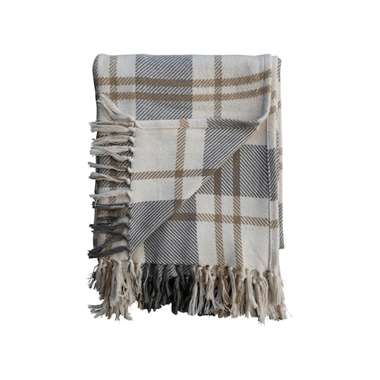Hello Honey® Gray, Gold & White Plaid Brushed Cotton Flannel Throw With Fringe 6 Hello Honey® Gray, Gold & White Plaid Brushed Cotton Flannel Throw With Fringe - Image 4