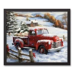 Farmhouse Red Christmas Truck 21.73" X 17.73" Black Framed Canvas