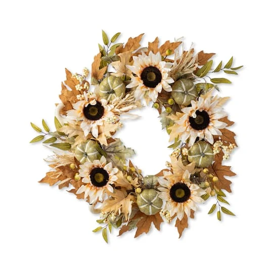 Glitzhome® 24" Fall Neutral Sunflower, Pumpkin And Leaf Wreath 4 Glitzhome® 24" Fall Neutral Sunflower, Pumpkin And Leaf Wreath - Image 2