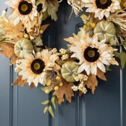 Glitzhome® 24" Fall Neutral Sunflower, Pumpkin And Leaf Wreath 15 Glitzhome® 24" Fall Neutral Sunflower, Pumpkin And Leaf Wreath -Northlight Shop D851694S 4