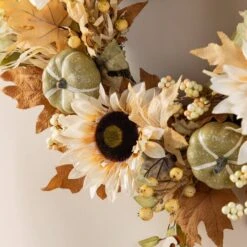 Glitzhome® 24" Fall Neutral Sunflower, Pumpkin And Leaf Wreath 16 Glitzhome® 24" Fall Neutral Sunflower, Pumpkin And Leaf Wreath -Northlight Shop D851694S 5