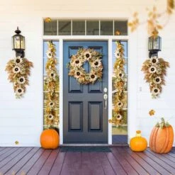 Glitzhome® 24" Fall Neutral Sunflower, Pumpkin And Leaf Wreath 17 Glitzhome® 24" Fall Neutral Sunflower, Pumpkin And Leaf Wreath -Northlight Shop D851694S 6