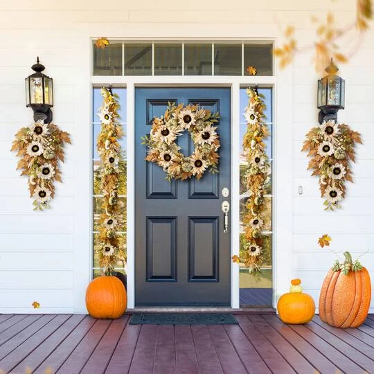 Glitzhome® 24" Fall Neutral Sunflower, Pumpkin And Leaf Wreath 9 Glitzhome® 24" Fall Neutral Sunflower, Pumpkin And Leaf Wreath - Image 7