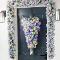 Glitzhome® 3ft Pre-Lit Snow Flocked Greenery Pine Christmas Teardrop, Multicolor LED Lights And Timer -Northlight Shop D855033S 2