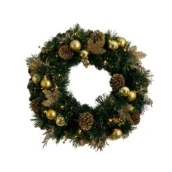 24in. Pre-Lit Artificial Golden Frosted Christmas Wreath With 50 Warm White LED Lights Pinecones, Berries And Ornaments