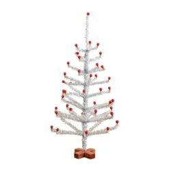 3ft. Artificial Retro Silver Tinsel Christmas Tree With 45 Red Mini Ornament Balls And Wooden Base 10 3ft. Artificial Retro Silver Tinsel Christmas Tree With 45 Red Mini Ornament Balls And Wooden Base -Northlight Shop D855849S 1 1