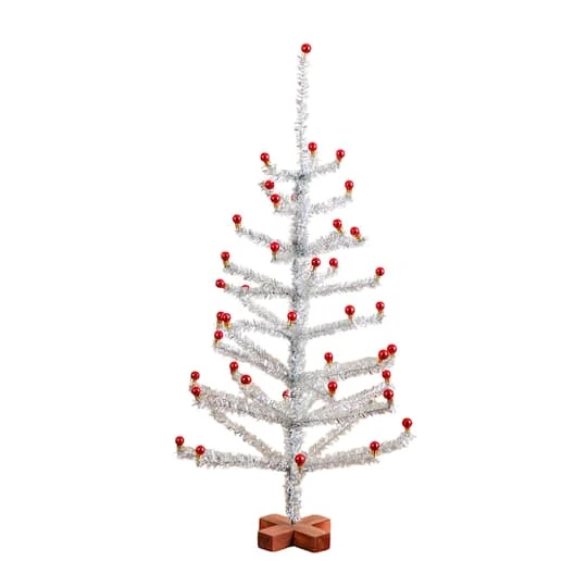 3ft. Artificial Retro Silver Tinsel Christmas Tree With 45 Red Mini Ornament Balls And Wooden Base 4 3ft. Artificial Retro Silver Tinsel Christmas Tree With 45 Red Mini Ornament Balls And Wooden Base - Image 2