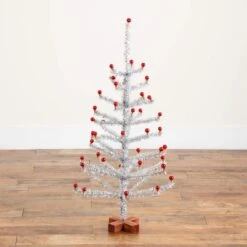 3ft. Artificial Retro Silver Tinsel Christmas Tree With 45 Red Mini Ornament Balls And Wooden Base 14 3ft. Artificial Retro Silver Tinsel Christmas Tree With 45 Red Mini Ornament Balls And Wooden Base -Northlight Shop D855849S 5