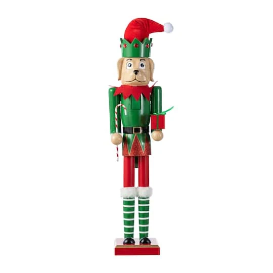 Glitzhome® 23.5"H Wooden Christmas Elf Dog Nutcracker 3 Glitzhome® 23.5"H Wooden Christmas Elf Dog Nutcracker