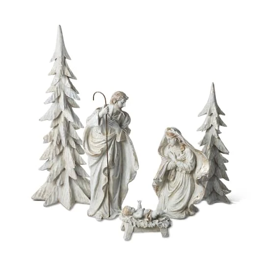 Glitzhome® 5-Piece White & Gold Resin Holy Family With Christmas Trees Set 4 Glitzhome® 5-Piece White & Gold Resin Holy Family With Christmas Trees Set - Image 2