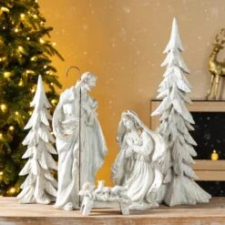 Glitzhome® 5-Piece White & Gold Resin Holy Family With Christmas Trees Set 13 Glitzhome® 5-Piece White & Gold Resin Holy Family With Christmas Trees Set -Northlight Shop D857119S 2
